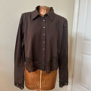 Free People Brown Lace Trim Blouse